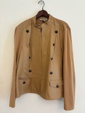Nygard Leather Jacket XL 18 Camel Moto Napoleon Military Button Knit Sleeve Coat